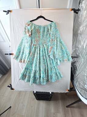 Zury Silk Blend Off-Shoulder Bell Sleeve Mini Dress Free Size